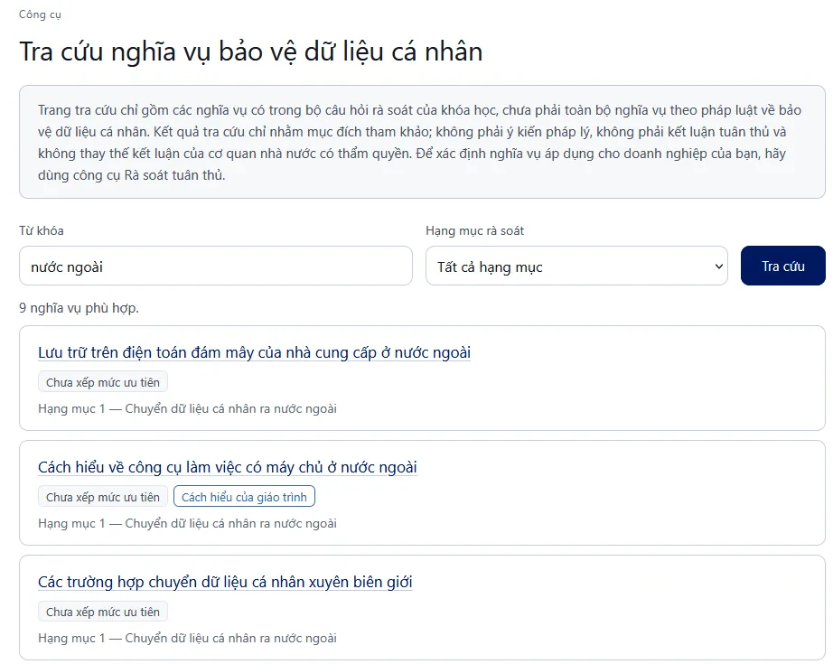 Ví dụ minh họa: trang tra cứu nghĩa vụ, tìm từ khóa nước ngoài ra danh sách nghĩa vụ phù hợp